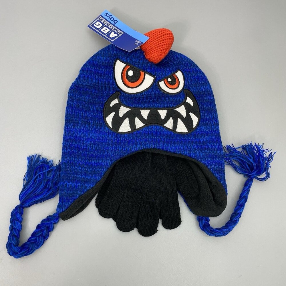 ABG Monster Beanie‎ Toboggan Hat and Gloves Set Knit Blue Boys 4-7